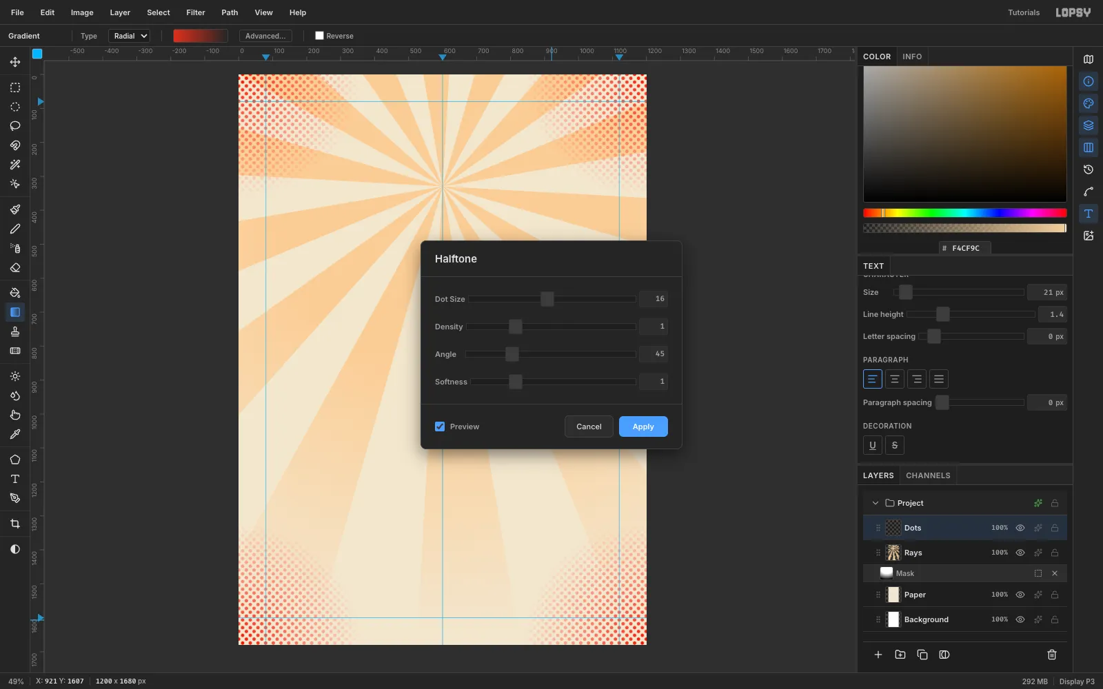The Halftone dialog open with Dot Size 16, previewing red halftone dots fading in from all four corners