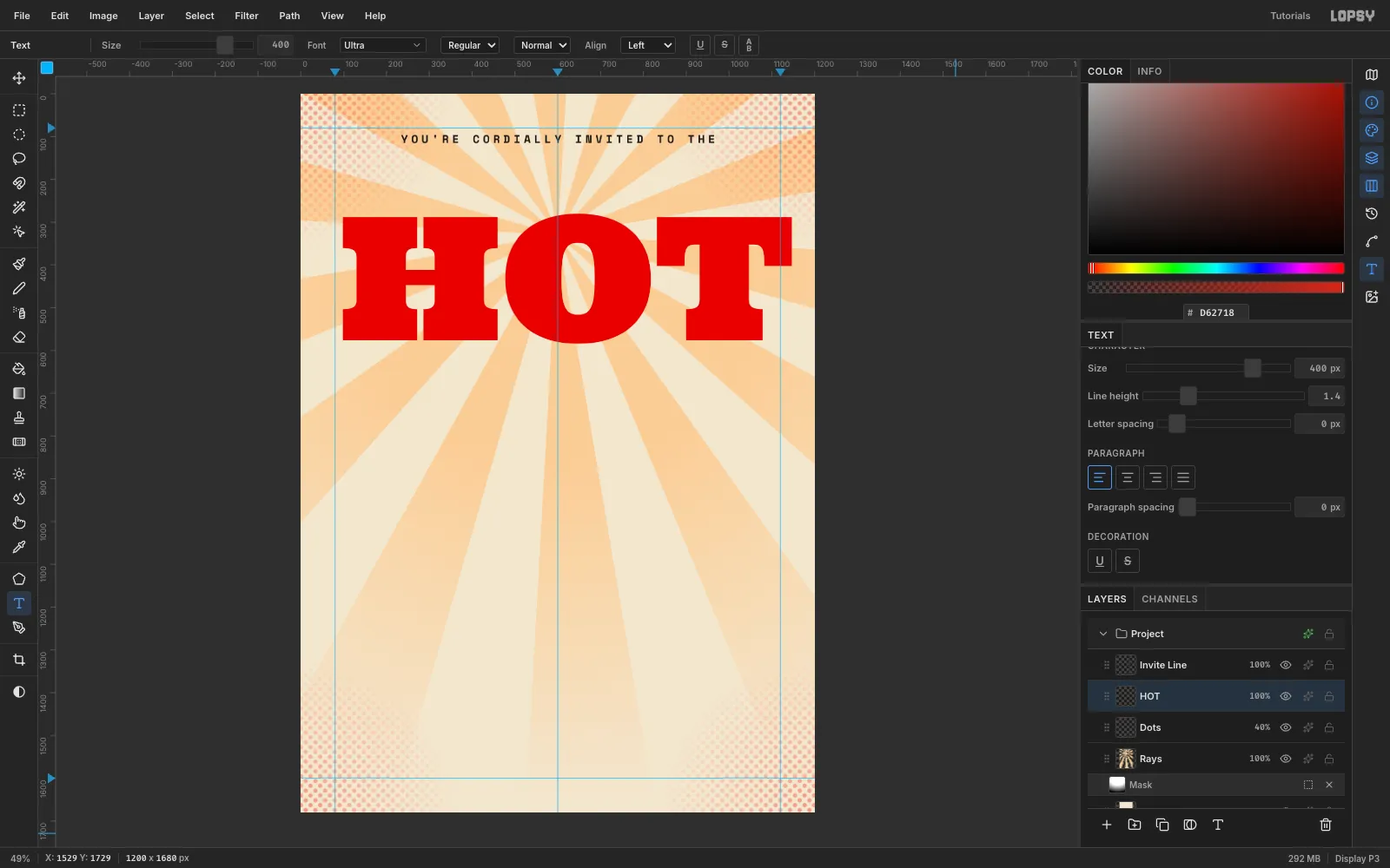 HOT typed in Ultra at 400 px in red above the sunburst, with the letter-spaced kicker line centred above it
