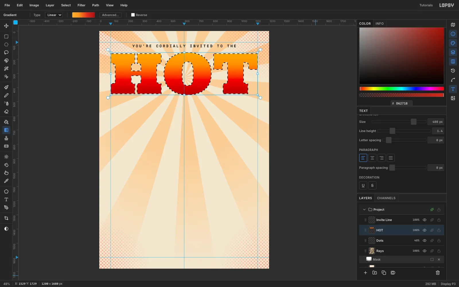 The HOT letters selected with the Magic Wand and filled with a vertical gradient from amber at the top to deep red at the bottom