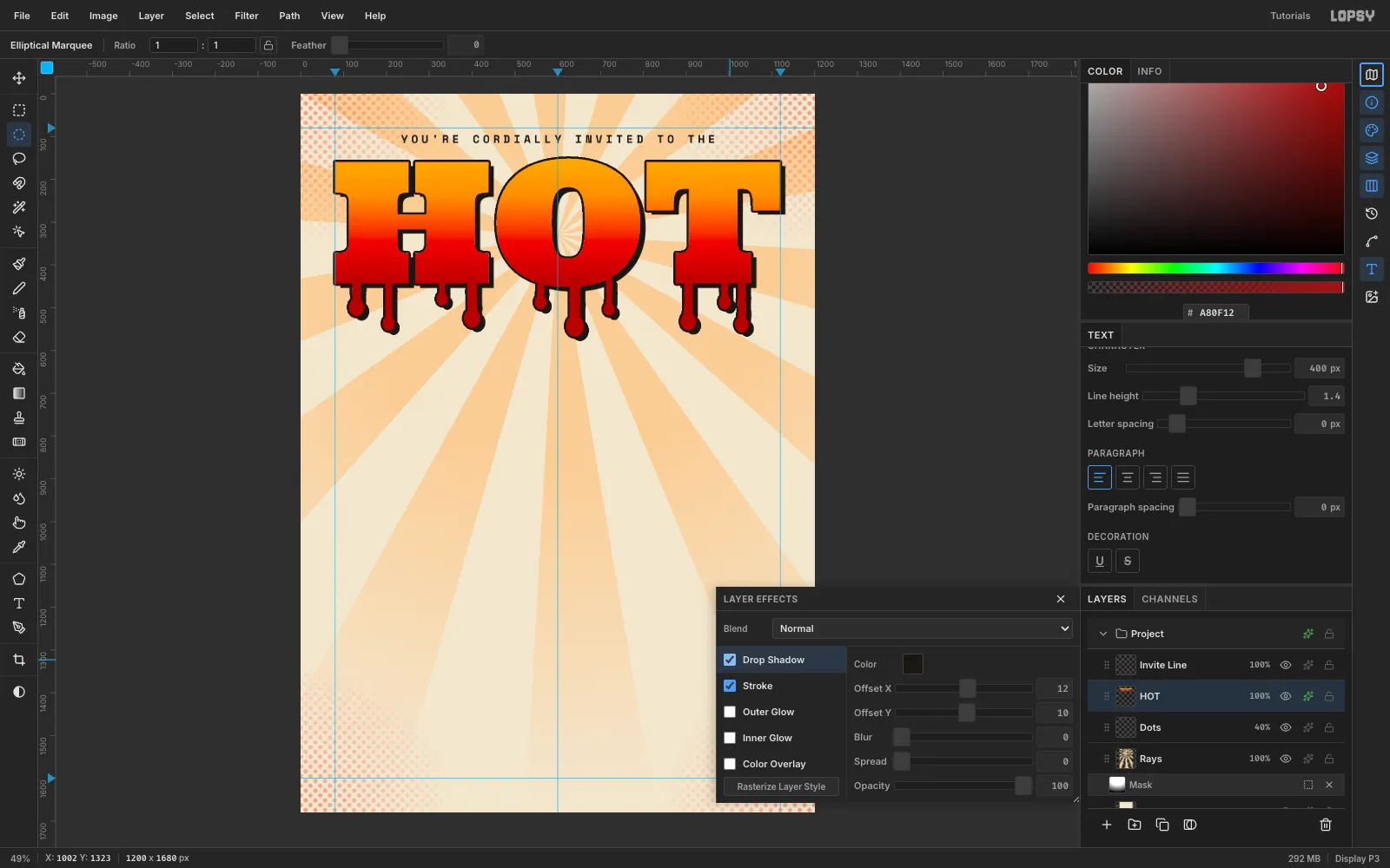 The effects drawer for HOT with Drop Shadow enabled, colour 1B1714, offset 12 by 10 and blur 0, above a stroked headline