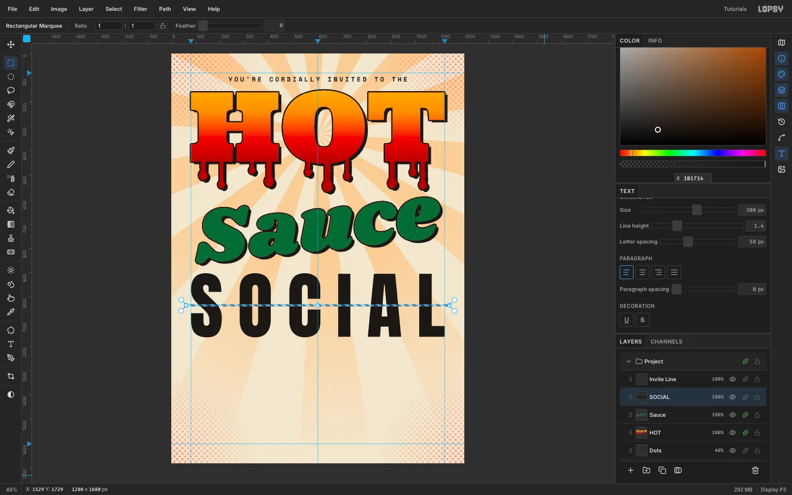 SOCIAL in Anton at 300 px spanning the margins, with a thin 5 pixel marquee across the middle of the letters ready to delete