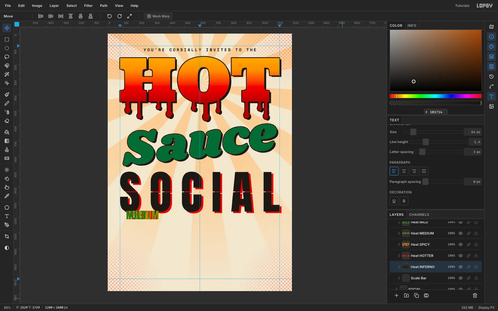 Five heat-scale words in Anton, MILD, MEDIUM, SPICY, HOTTER and INFERNO, typed in green, olive, orange, red and black inside a new Heat Scale group