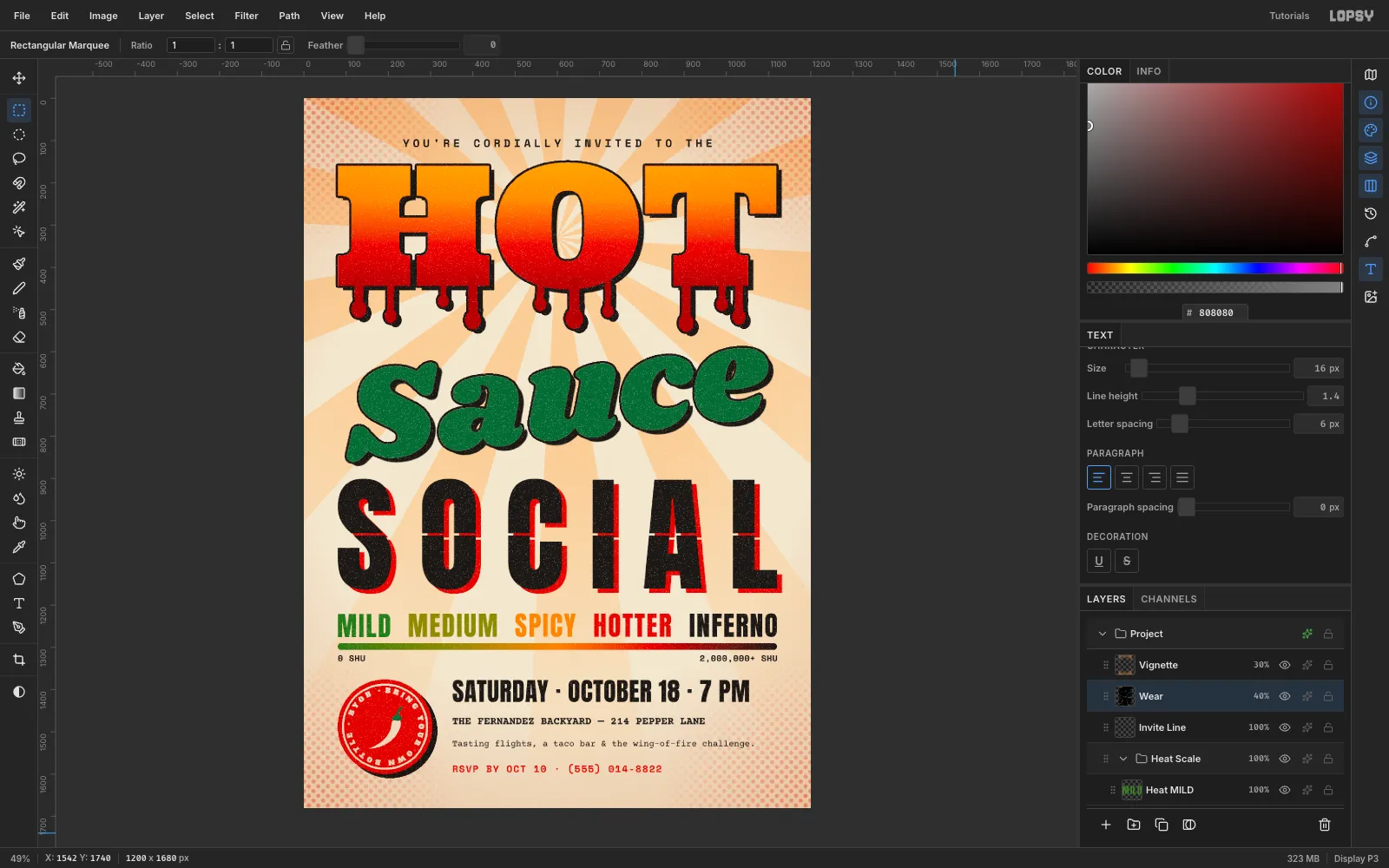 Close-up of SOCIAL and Sauce showing a fine, even speckle of light specks over the ink, like worn letterpress