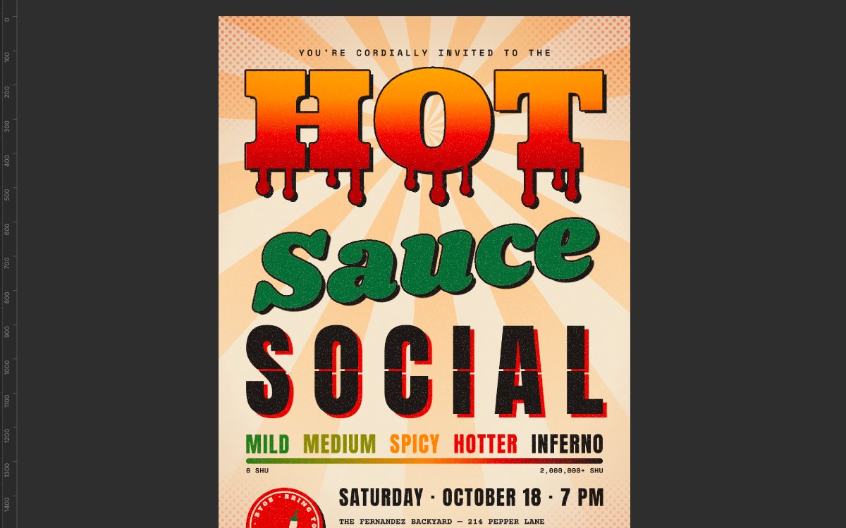 Lopsy with the finished Hot Sauce Social invitation on the canvas. Dripping flame-gradient HOT, green script Sauce and black SOCIAL with a red offset plate sit on a peach sunburst