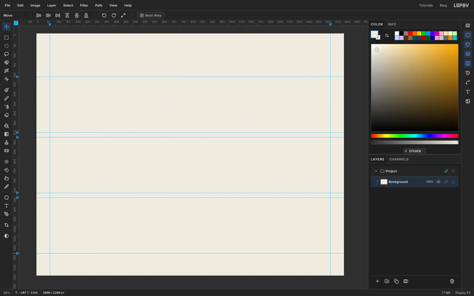 A 1600 by 1260 off-white canvas with blue guides at both side margins and at the top and bottom of three film strips
