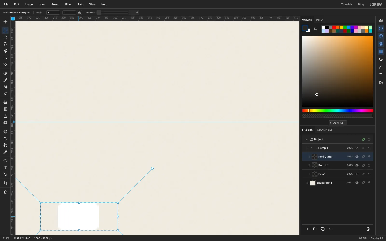 Zoomed in on an empty corner of the canvas: one white rounded rectangle inside a slightly wider marquee