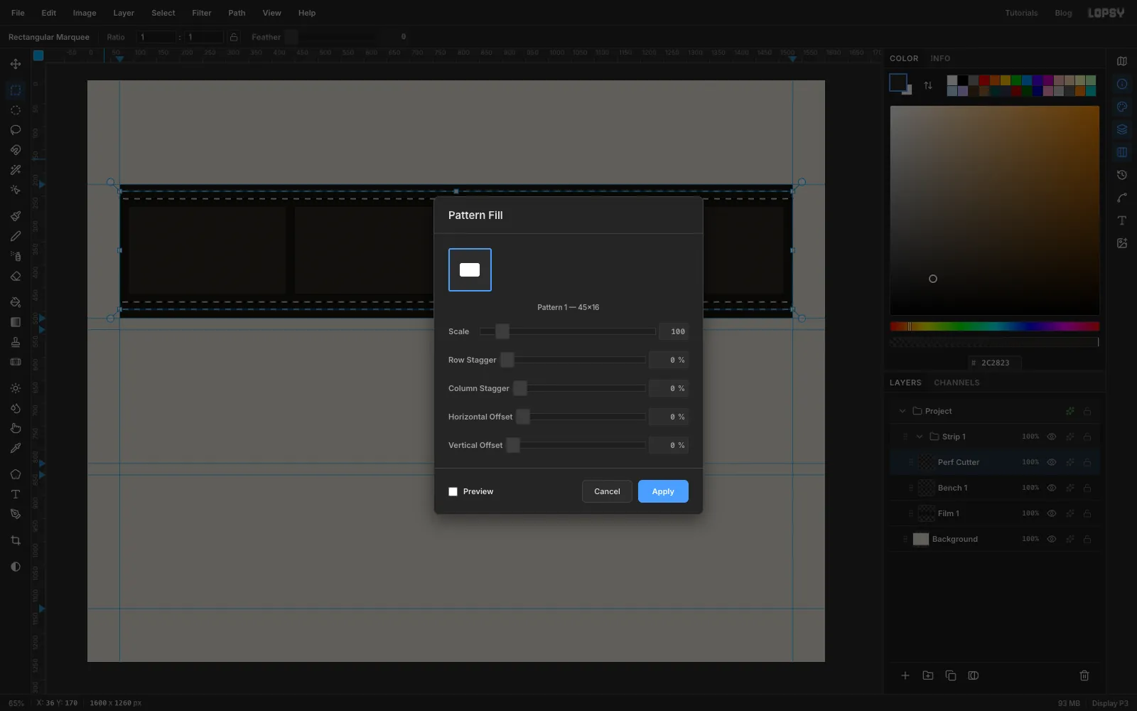 The Pattern Fill dialog open over two thin selected rows running the length of the strip