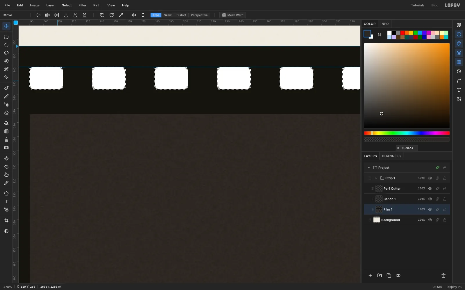 Zoomed in on the strip's left end with every perforation loaded as a selection over the black film