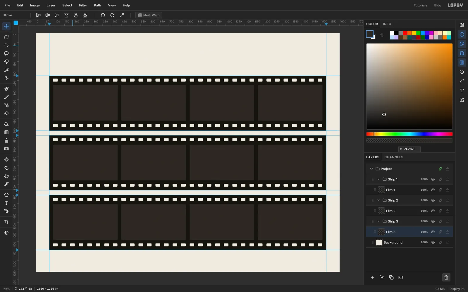 Three identical black film strips stacked down the page, each with four dark frames and two rows of sprocket holes