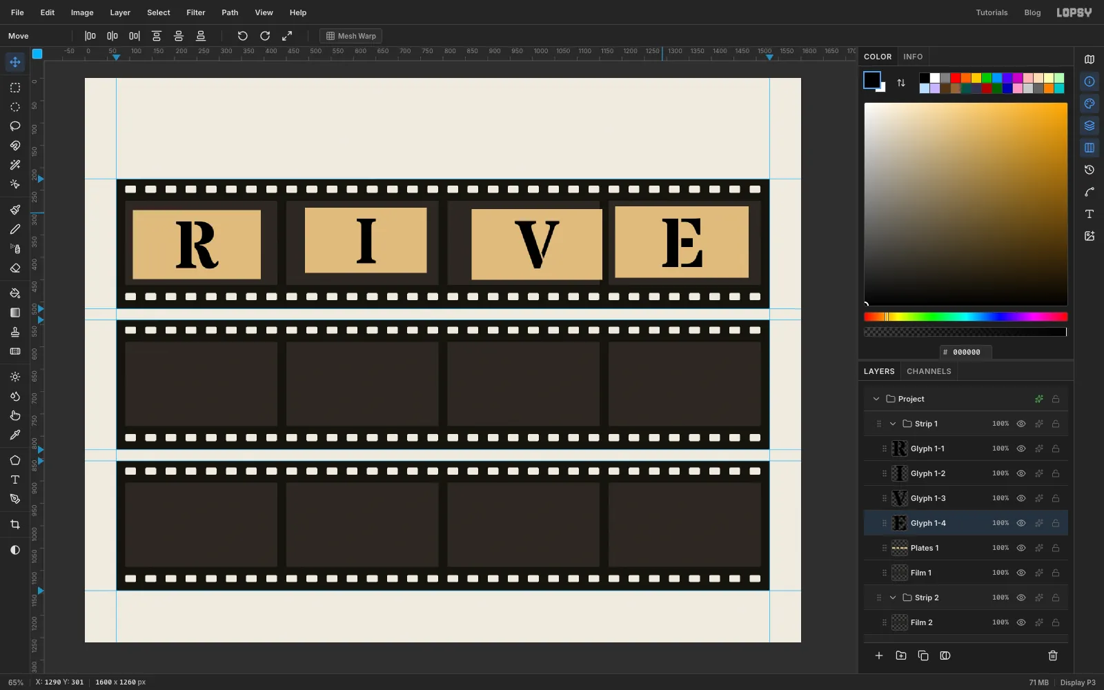 Four tan cards in the first strip's frames, each with a black serif stencil letter (R, I, V, E) set on top as live text