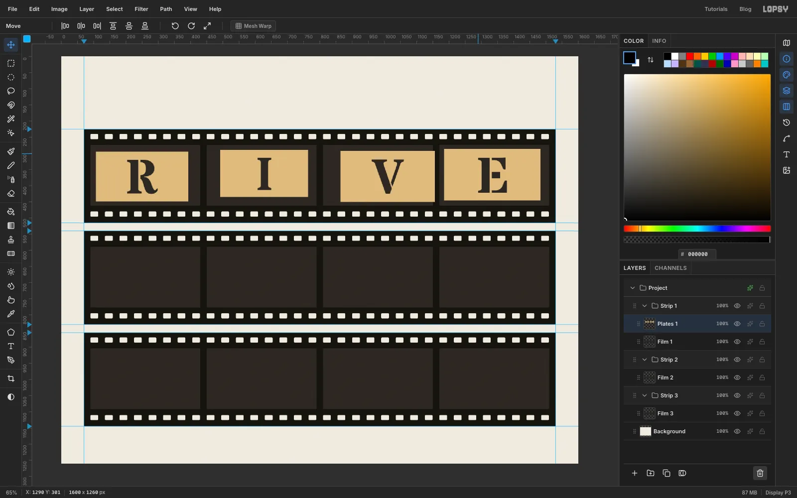 The four cards now have letter-shaped holes in them, showing the dark bench through each R, I, V and E