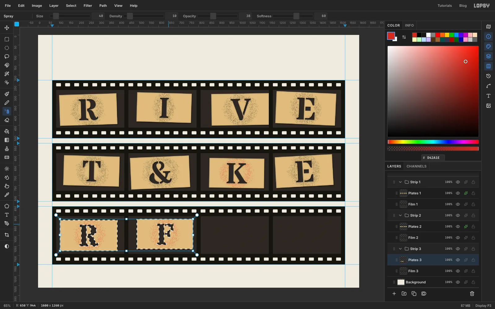 All three strips with cards: R I V E, T & K E and R F, with the last two frames of strip three still empty