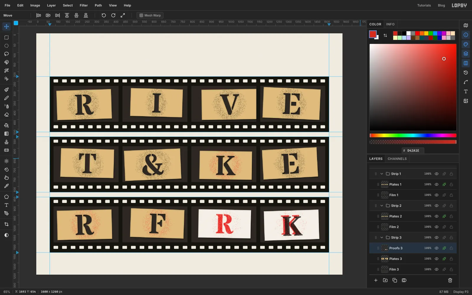 Both proof cards finished: a red R, and a K sprayed twice, red and black, slightly out of register, with a faint red mist around both