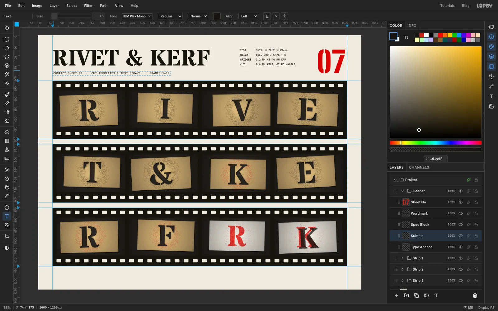 The header type in place but not yet aligned: the RIVET & KERF wordmark, a subtitle, a four-line mono spec block and a large red stencil 07