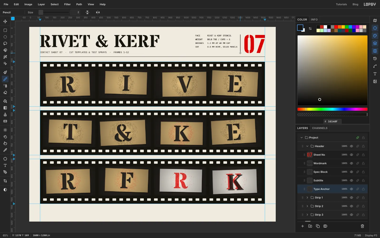 The header aligned: the wordmark, spec block and 07 share a top line, the last spec line sits on the wordmark's baseline, and two thin black rules frame the area