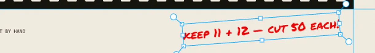 The bottom of the page: the mono credit line on the left and the red handwritten note on the right, with rotation handles as it is tipped with the Move tool
