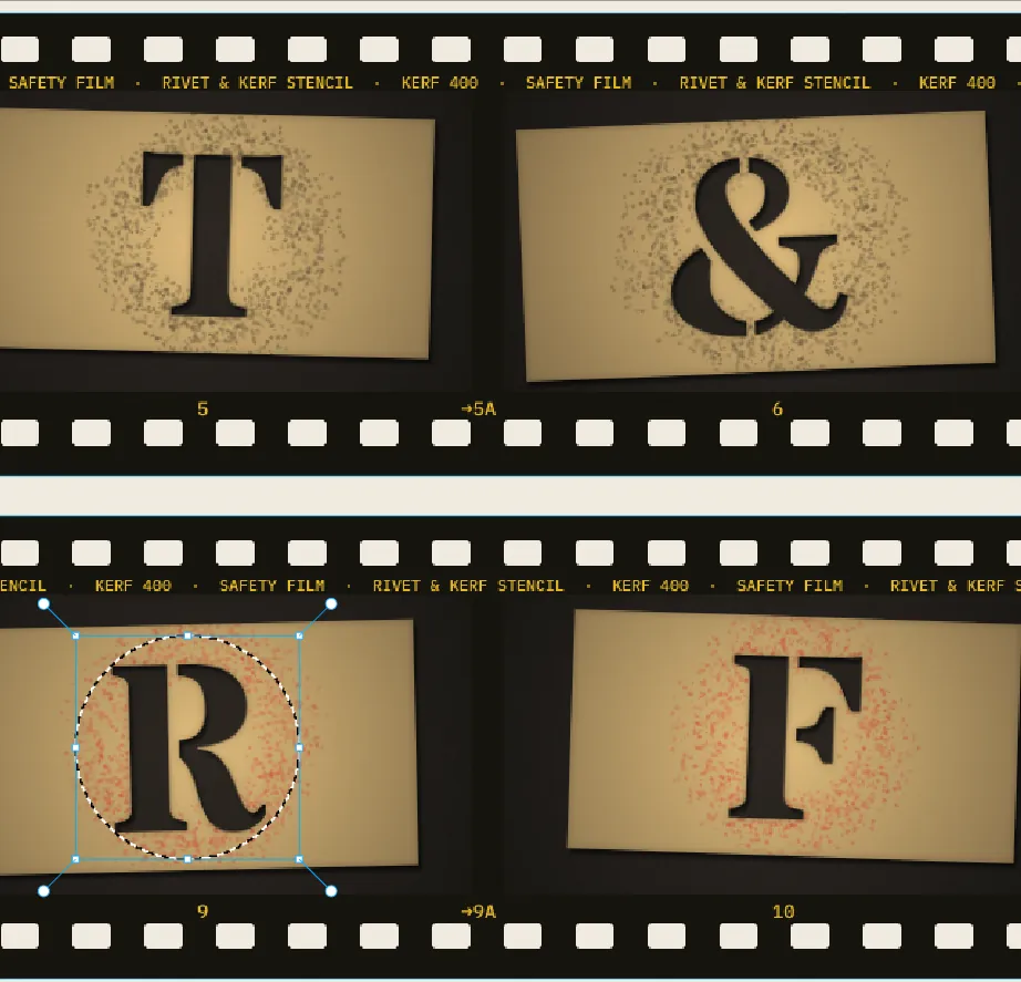 Close-up of frame 9 with a circular selection around its stencil R