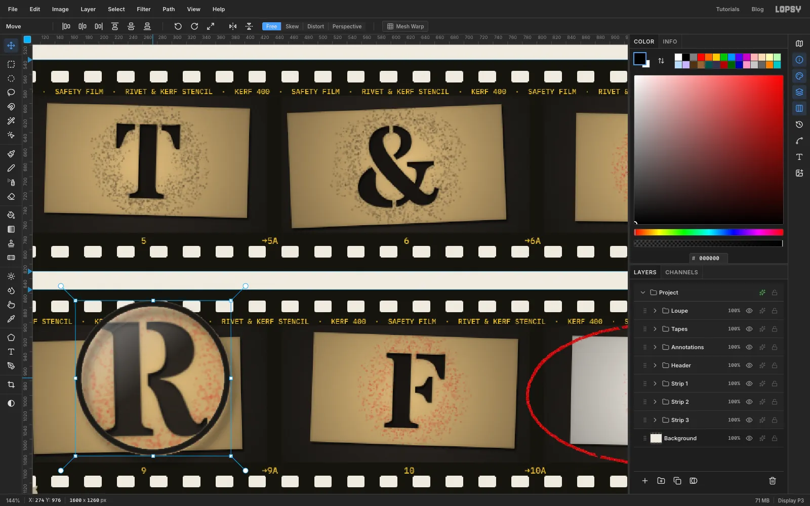 The Loupe group selected with the Move tool, sitting over frame 9 with the frame number 9 visible below it
