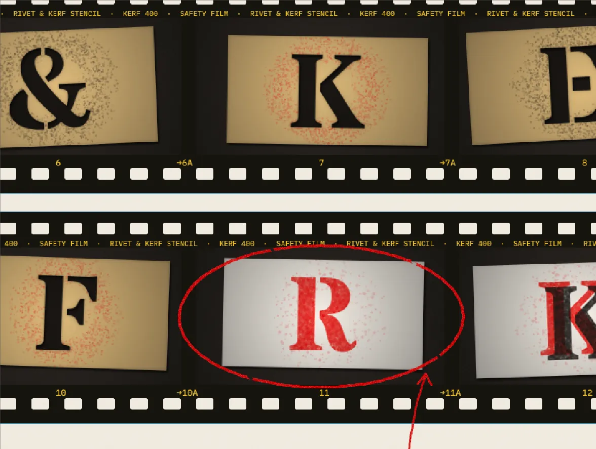 A red waxy circle around frame 11's red R proof, with an arrow rising from the note below to the circle's edge