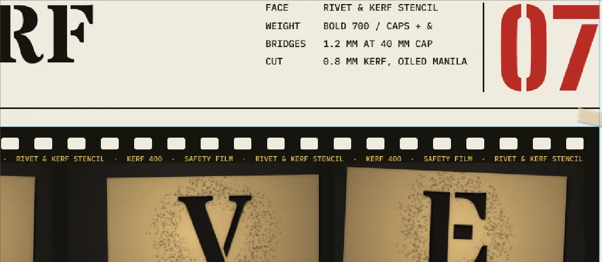 Close-up of the header's right side: the spec block, the vertical rule and the 07 in a deeper printed red