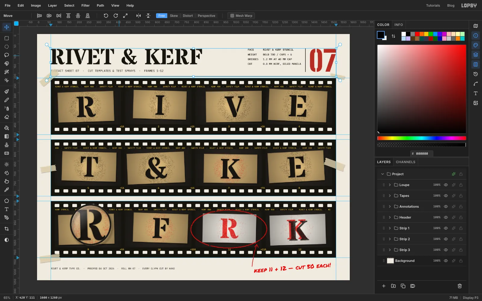 The Header group being dragged down with the Move tool, its wordmark, spec block, 07 and rules all moving together