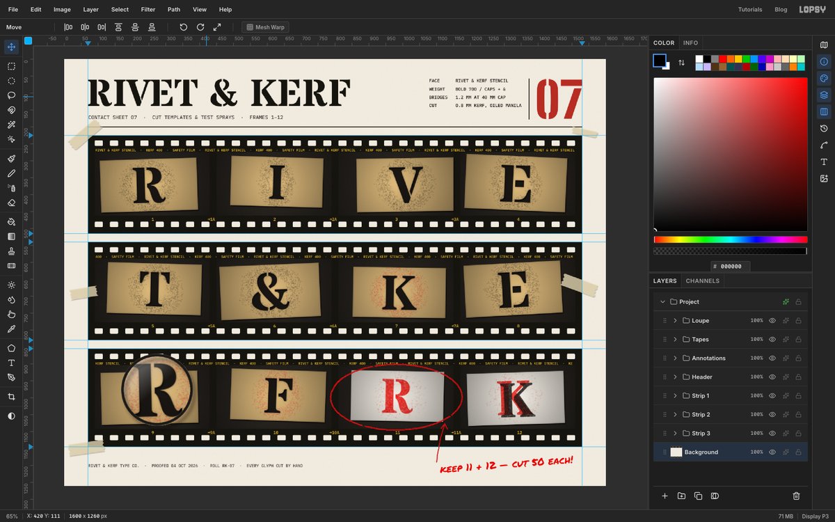 Lopsy showing the finished Rivet & Kerf contact sheet, three black 35 mm film strips of manila stencil cards spelling RIVET & KERF under a stencil wordmark and a red 07, with a loupe, masking tape and a red grease pencil circle