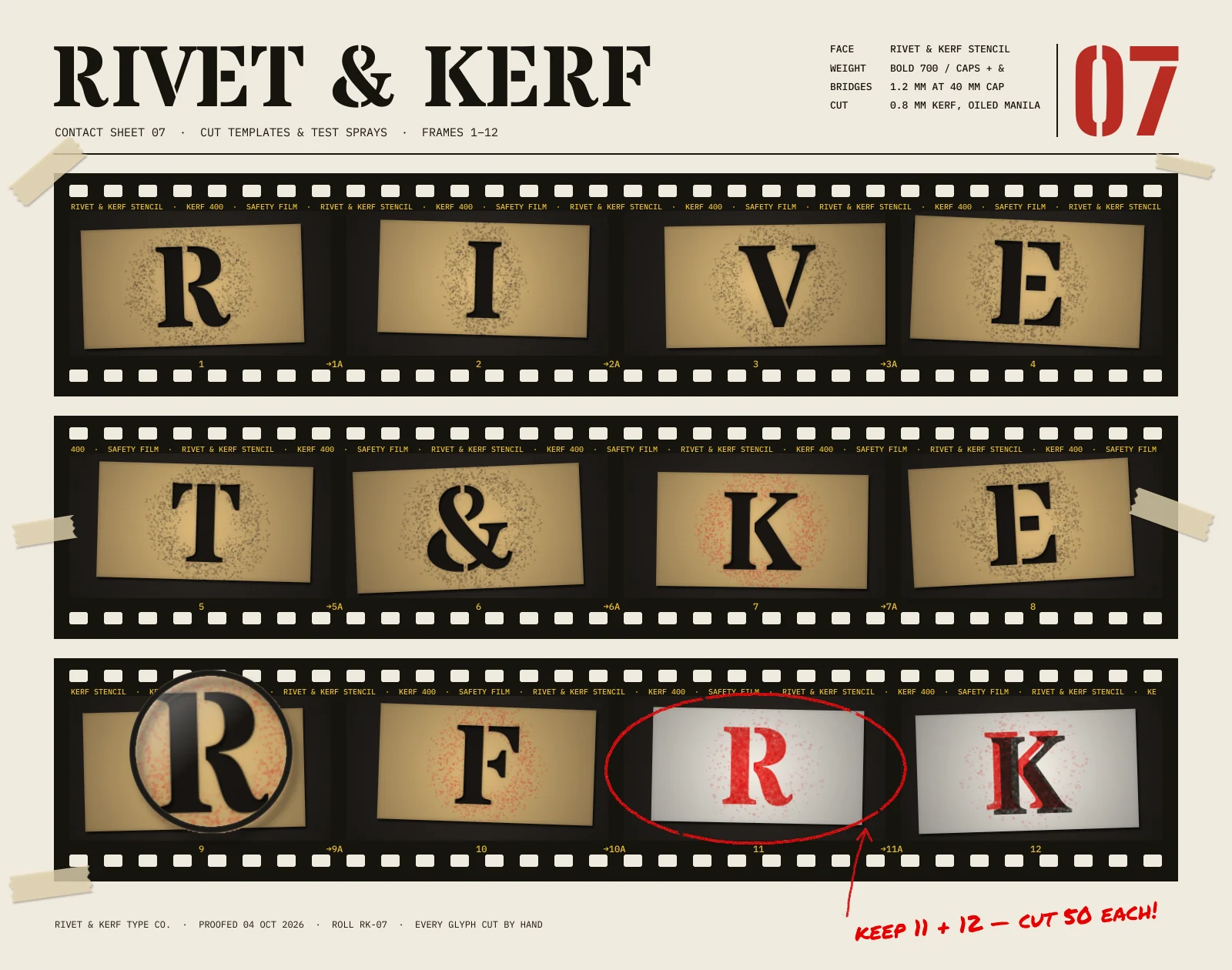 The finished Rivet & Kerf contact sheet on warm off-white paper. A large black stencil wordmark reads RIVET & KERF, with a mono spec block and a big red stencil 07 to its right. Below are three black film strips with cream sprocket holes, yellow edge print and frame numbers. Each of the twelve frames is a photo of a tilted manila stencil card on a dark bench. The cut letters spell R I V E, T & K E, and R F, then two white test cards sprayed with a red R and a misregistered red and black K. A magnifying loupe enlarges frame 9's R, masking tape holds the strips down, and a red grease pencil circle around frame 11 points to a note reading keep 11 + 12, cut 50 each!