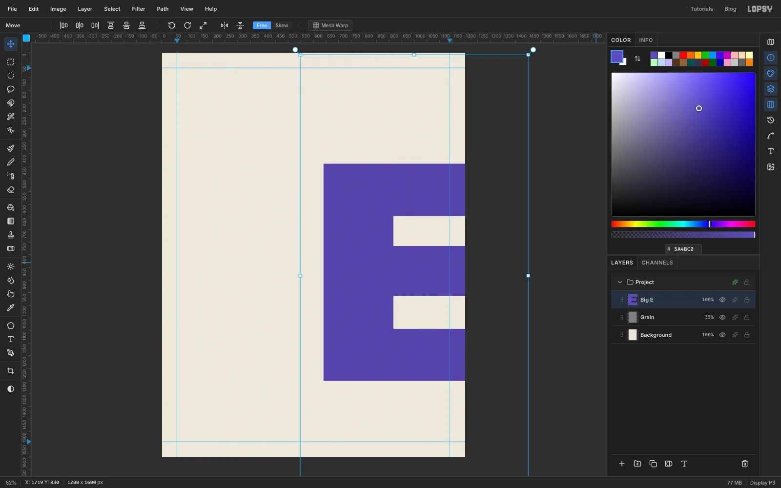 A huge violet E on the right half of the page, set to Multiply