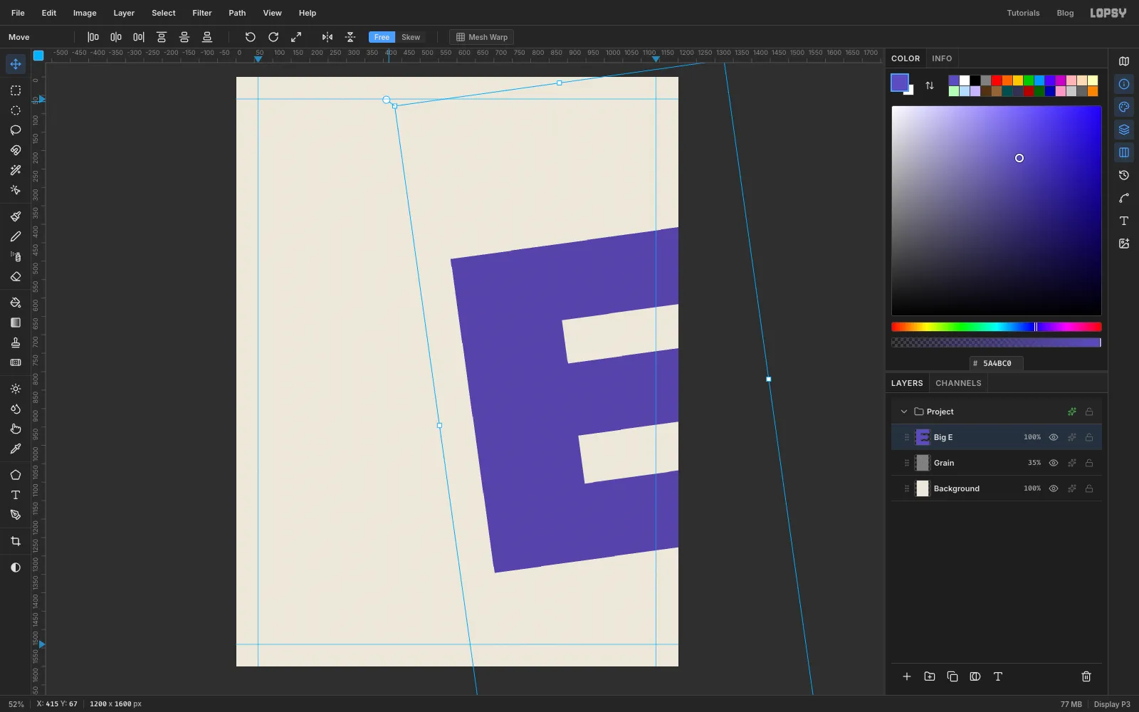 The E's transform box being rotated by its top-left round handle