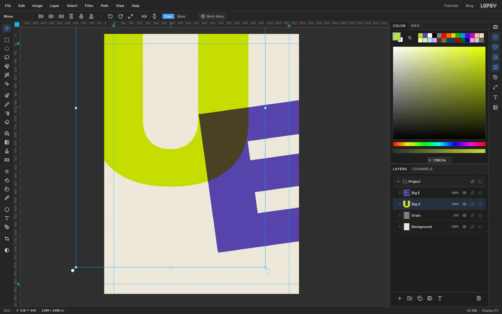 A huge lime U bleeding off the top-left, with the violet E overlapping its right arm