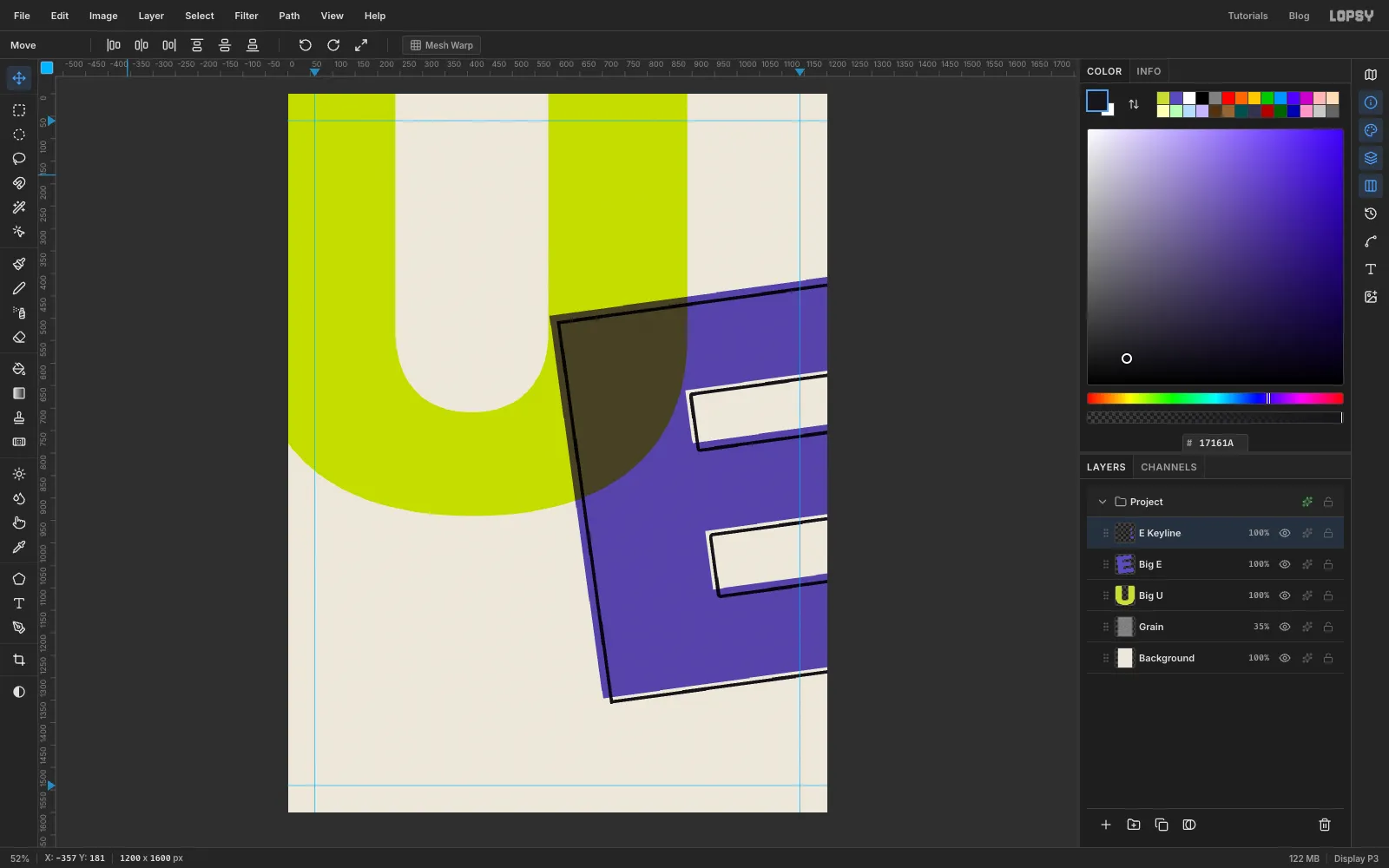 The black E outline nudged down and to the right, off register with the violet