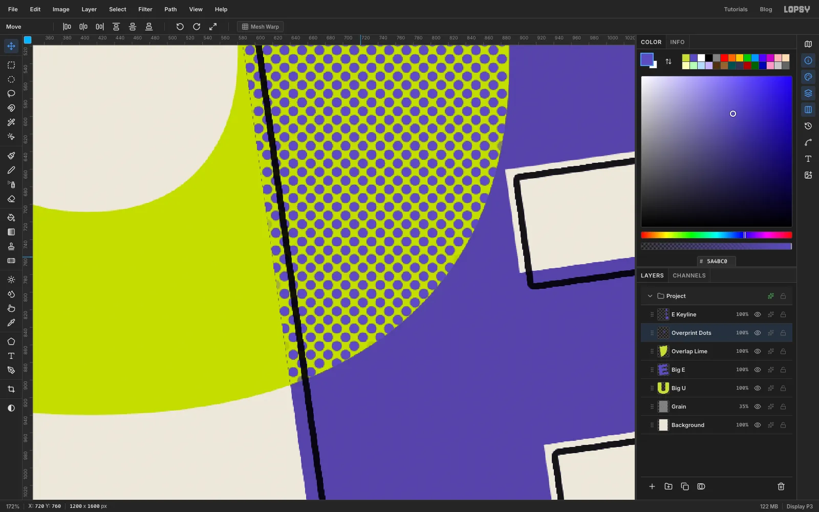 A close-up of violet halftone dots over lime in the overlap, with the black keyline running through it