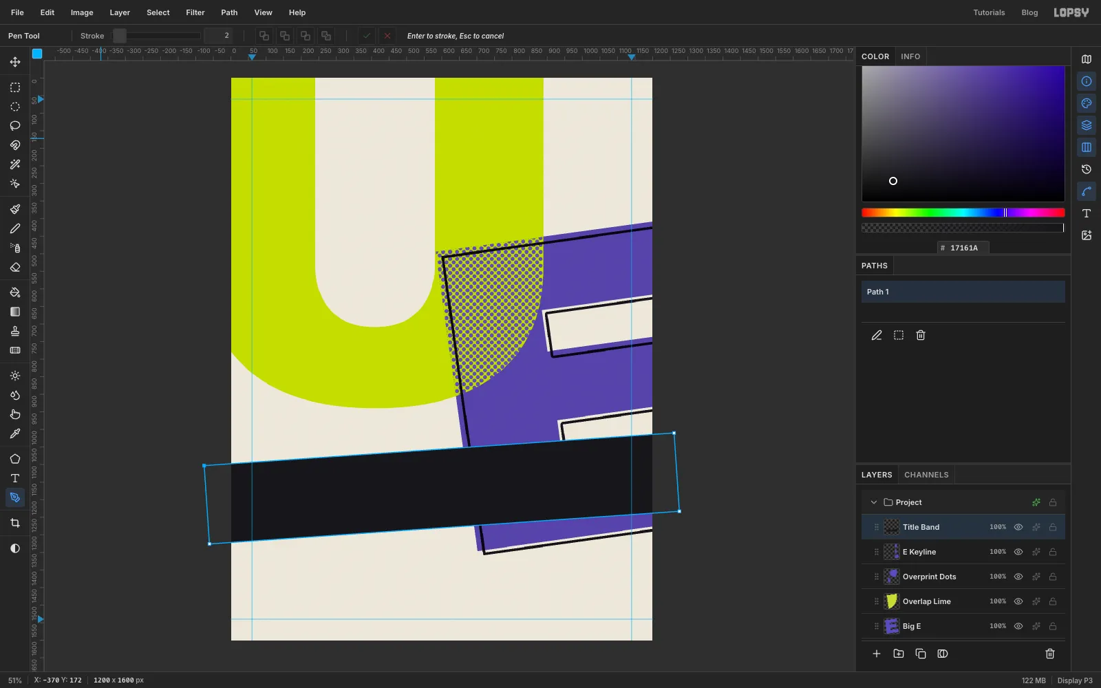 The tilted black strip filled, running off both sides of the page