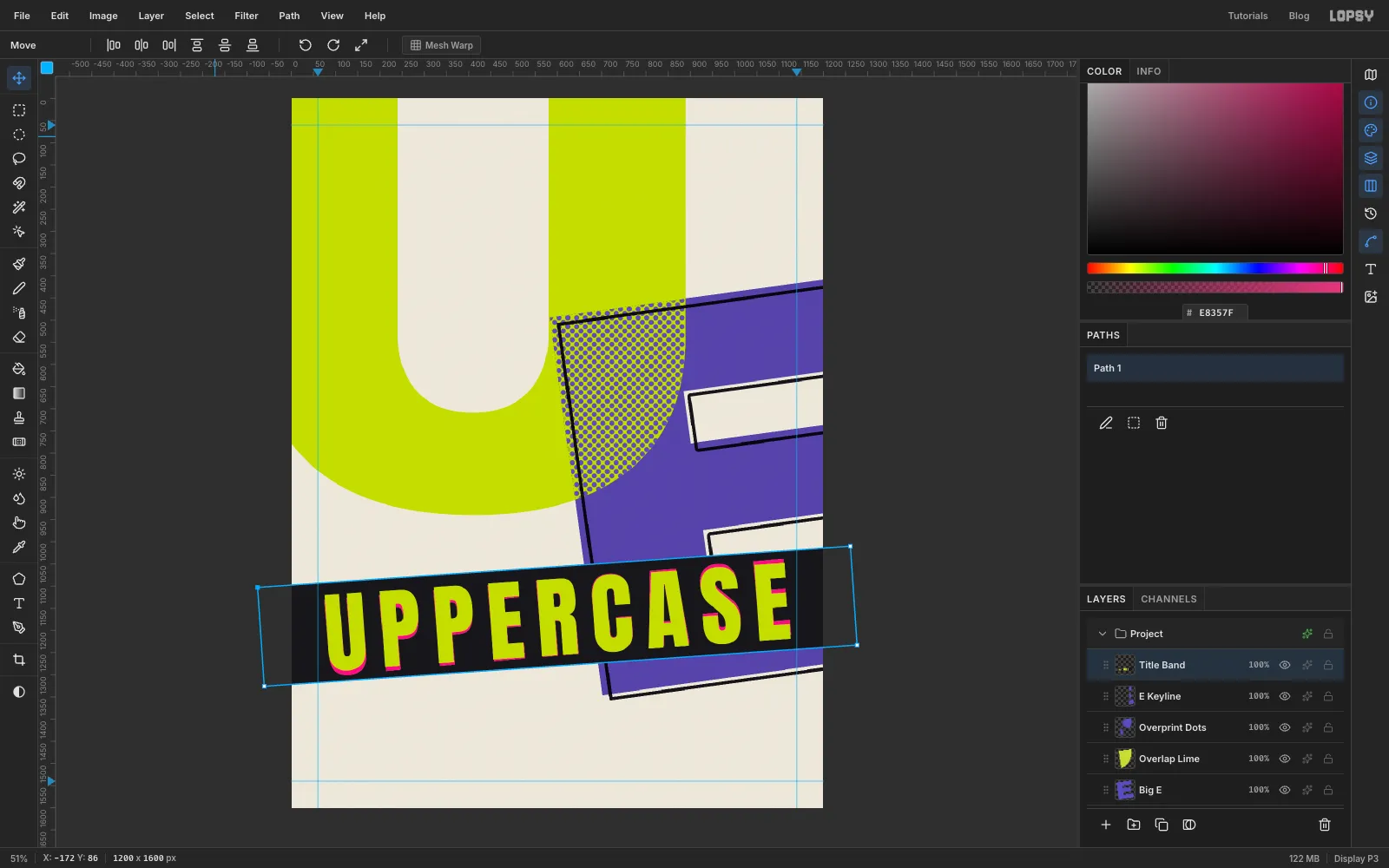 The lime-and-pink UPPERCASE merged into the tilted black strip