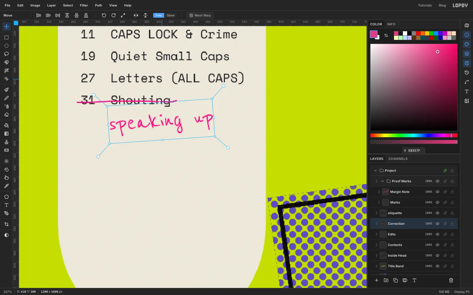 A close-up of the contents with Shouting struck through in pink and speaking up written underneath