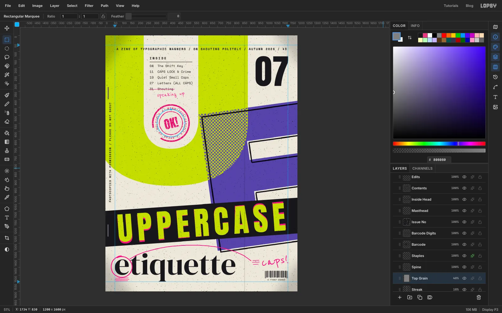 The finished cover in Lopsy, with the Toner, Edge Shade, Streak and Top Grain layers sitting just above Title Band and under the type