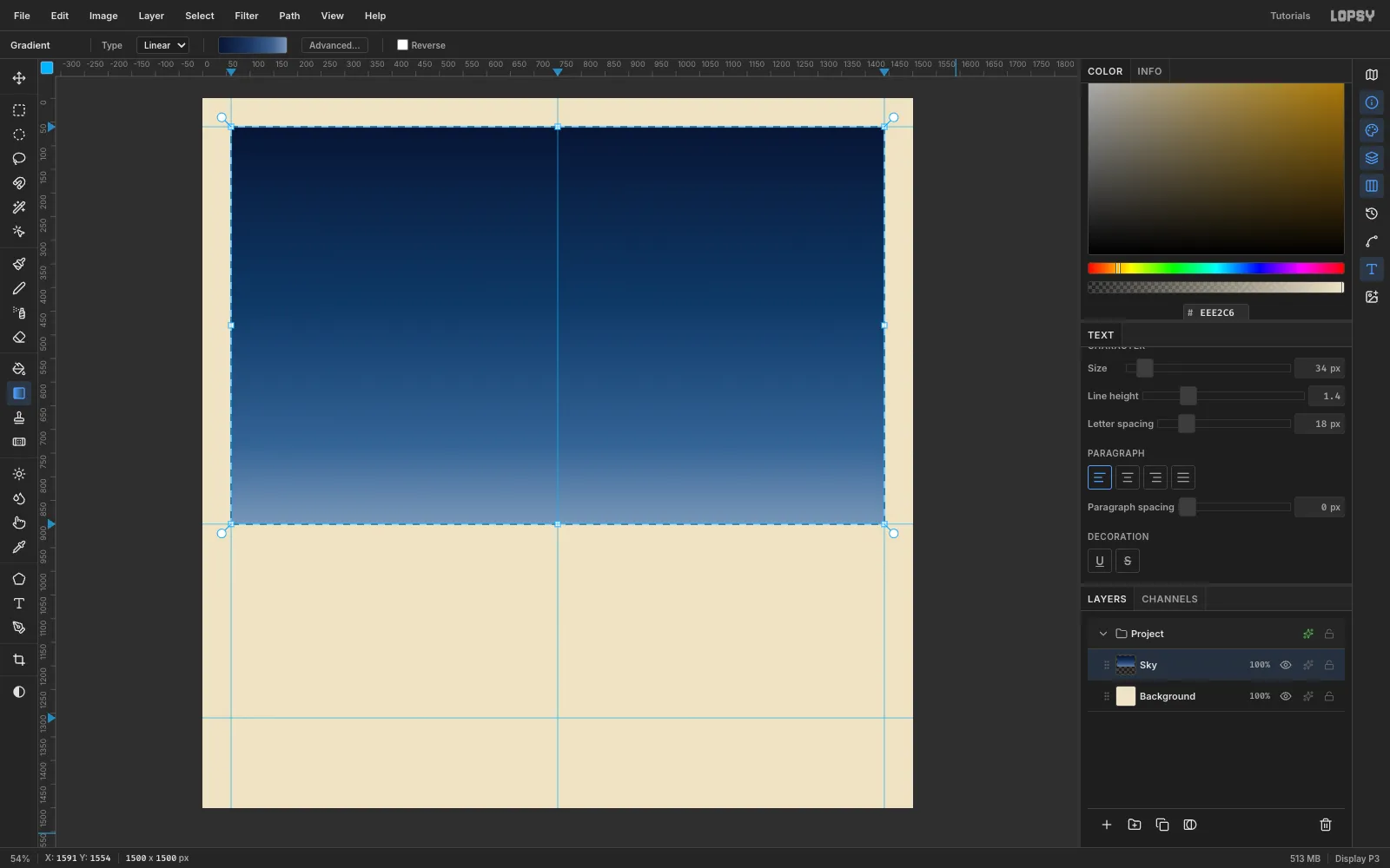A 1500 by 1500 document with a cream paper border and a night sky gradient from deep navy at the top to pale blue-grey at the horizon, with guides at 60, 750 and 1440