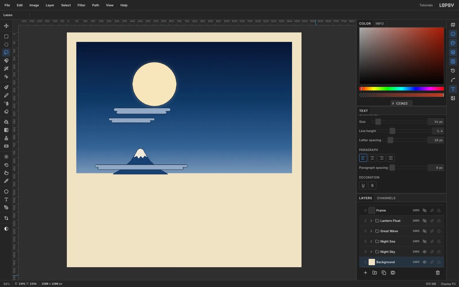 A cream full moon with a thin navy outline, a small navy Mount Fuji with a white snow cap on the horizon, and three pale blue-grey cloud ribbons with stepped rounded ends