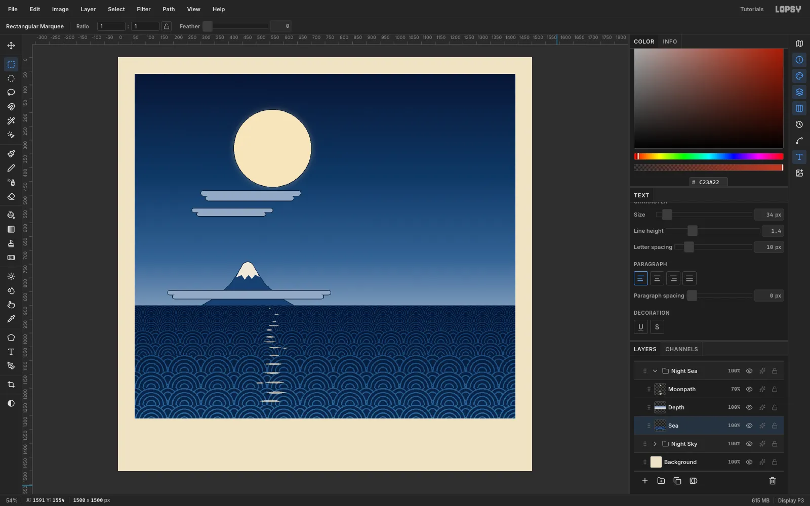 The seigaiha sea darkened toward the horizon, with a column of short, irregular cream glints below the moon that get wider toward the viewer