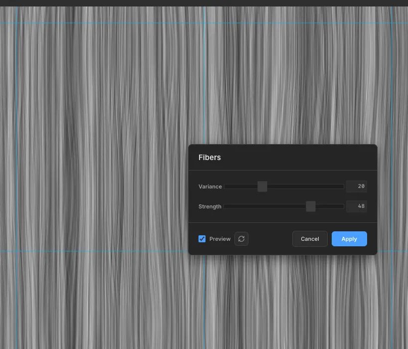 The Fibers filter dialog with Variance 20 and Strength 48 over a grey layer covered in vertical wood-like streaks