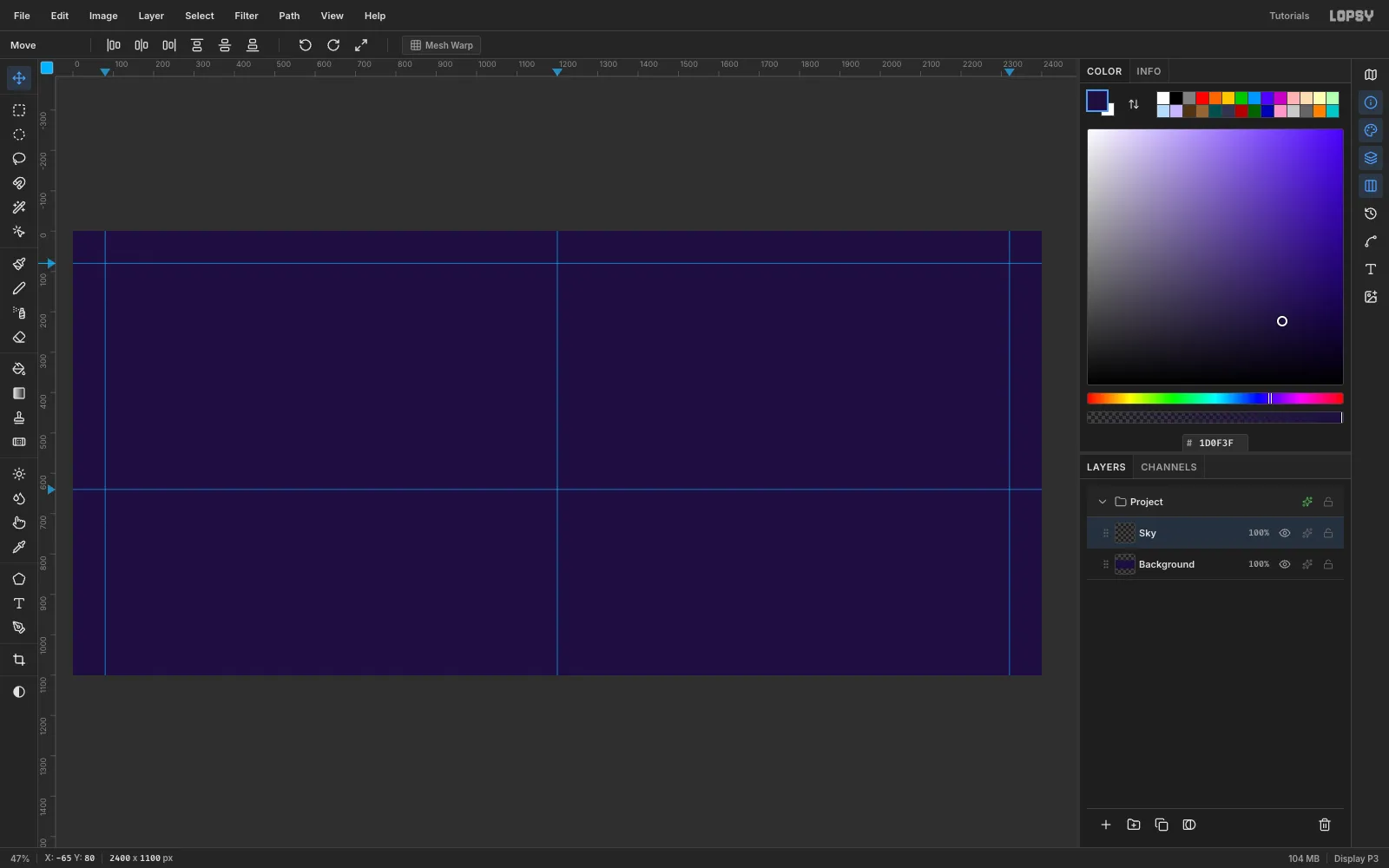 An empty 2400 by 1100 pixel Lopsy document with blue guides at the horizon, the centre line and both side margins