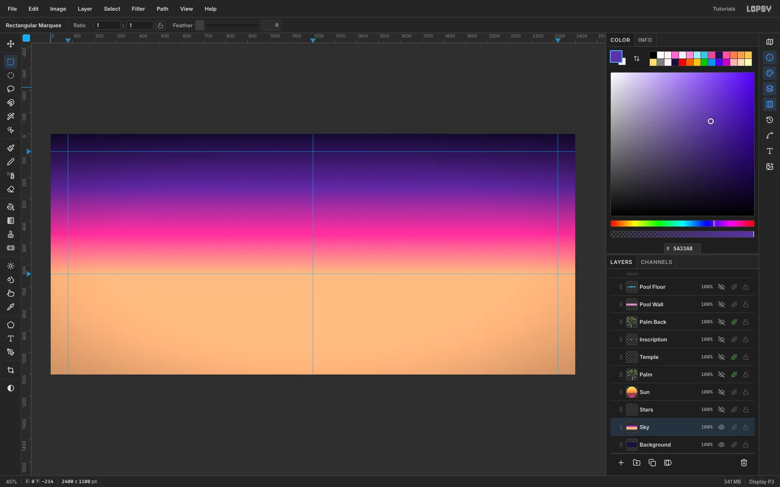 The canvas filled with a vertical gradient from deep indigo at the top through violet and hot pink to peach at the horizon