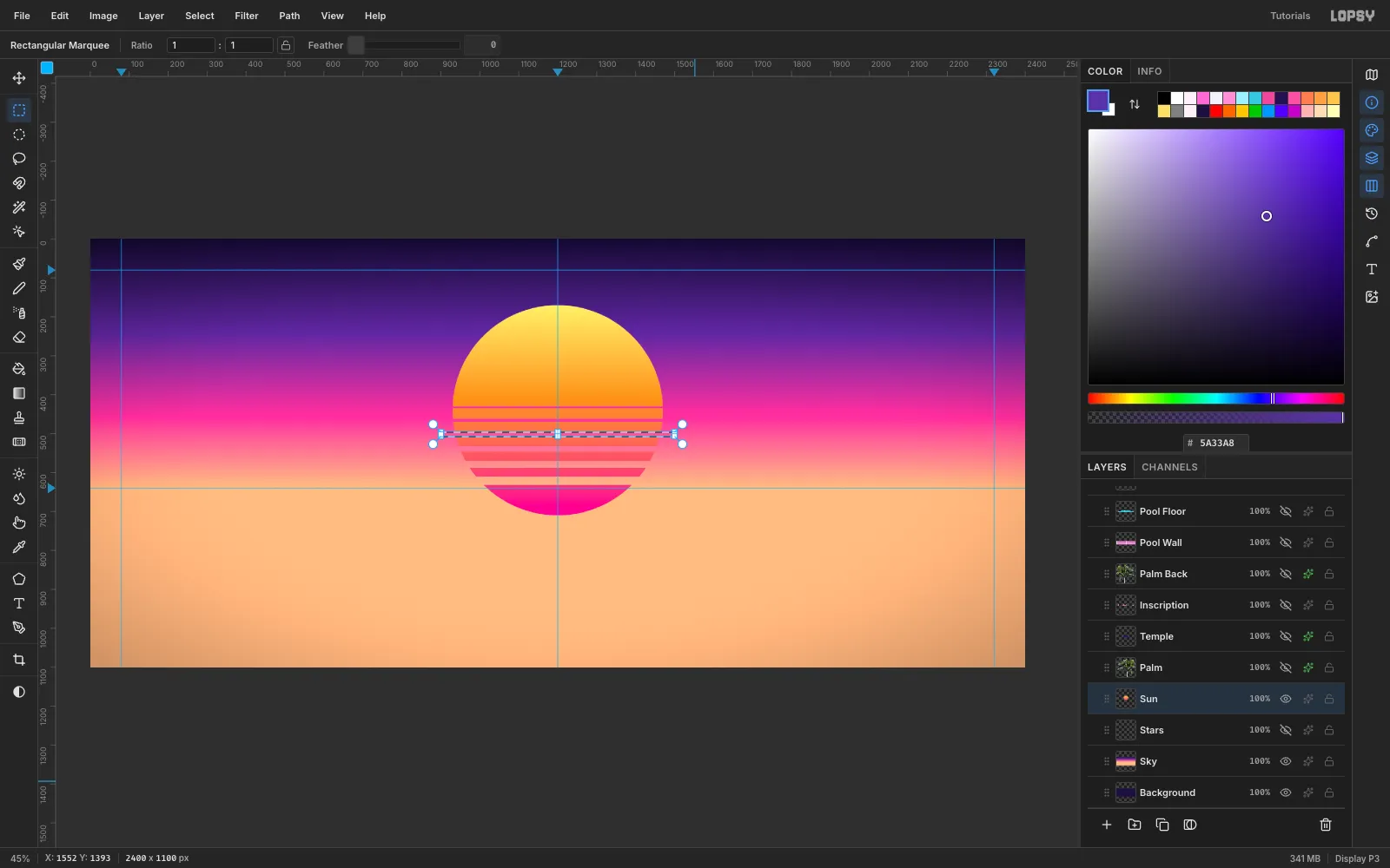 A yellow-to-pink sun with horizontal transparent bands cut through its lower half and a thin rectangular marquee active across one band