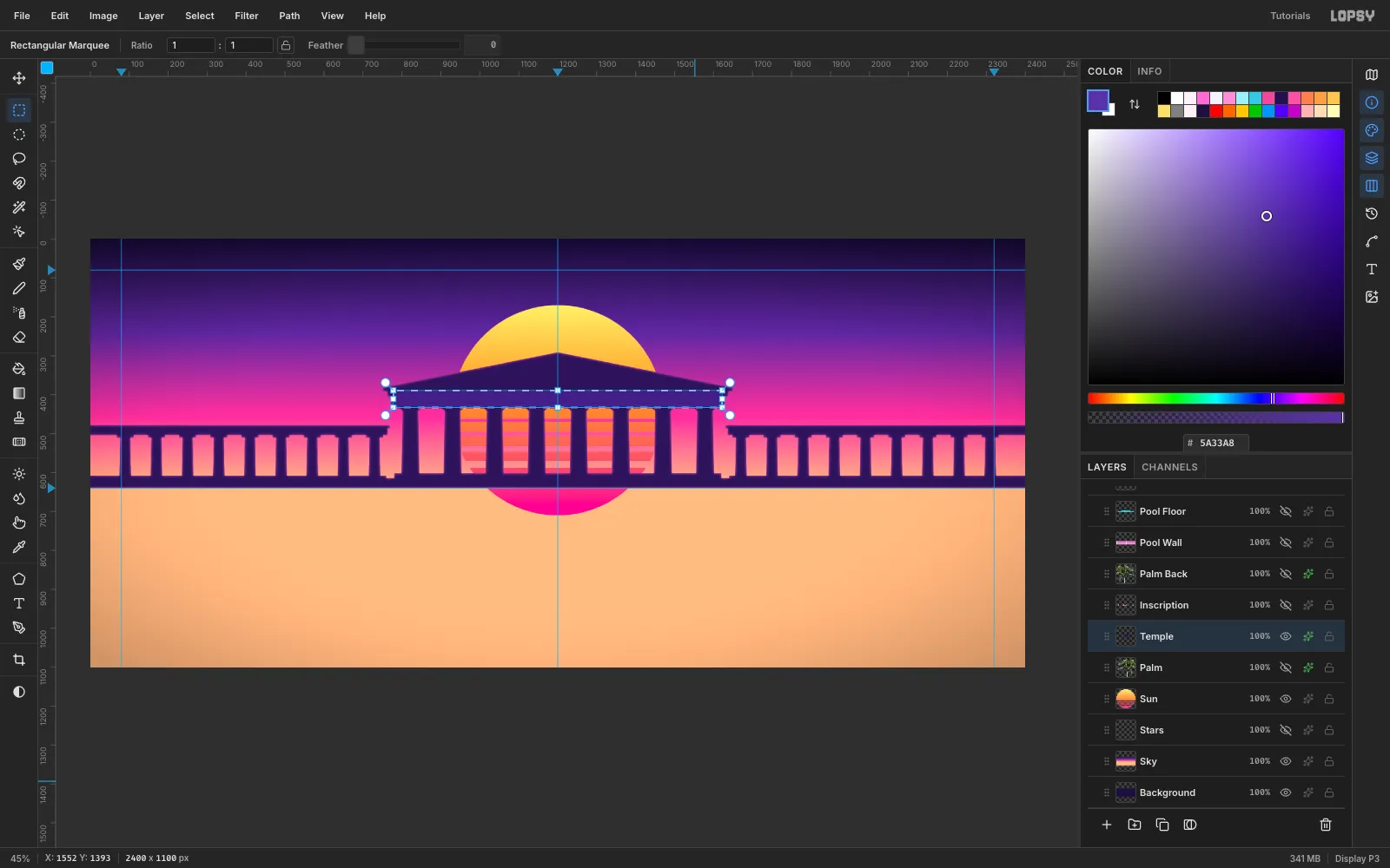 A dark purple Roman temple silhouette with a pediment, eight columns and a frieze band across the top, with the frieze marquee active; the sun glows between the columns