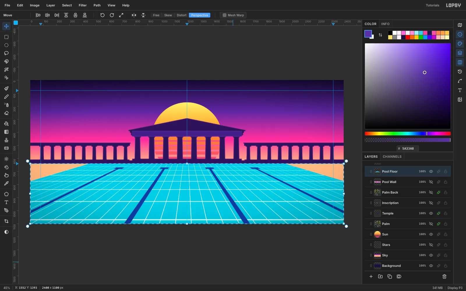 A cyan tiled pool floor with dark blue lane lines foreshortened toward the horizon, with the selection and Perspective transform mode active in the Move options bar