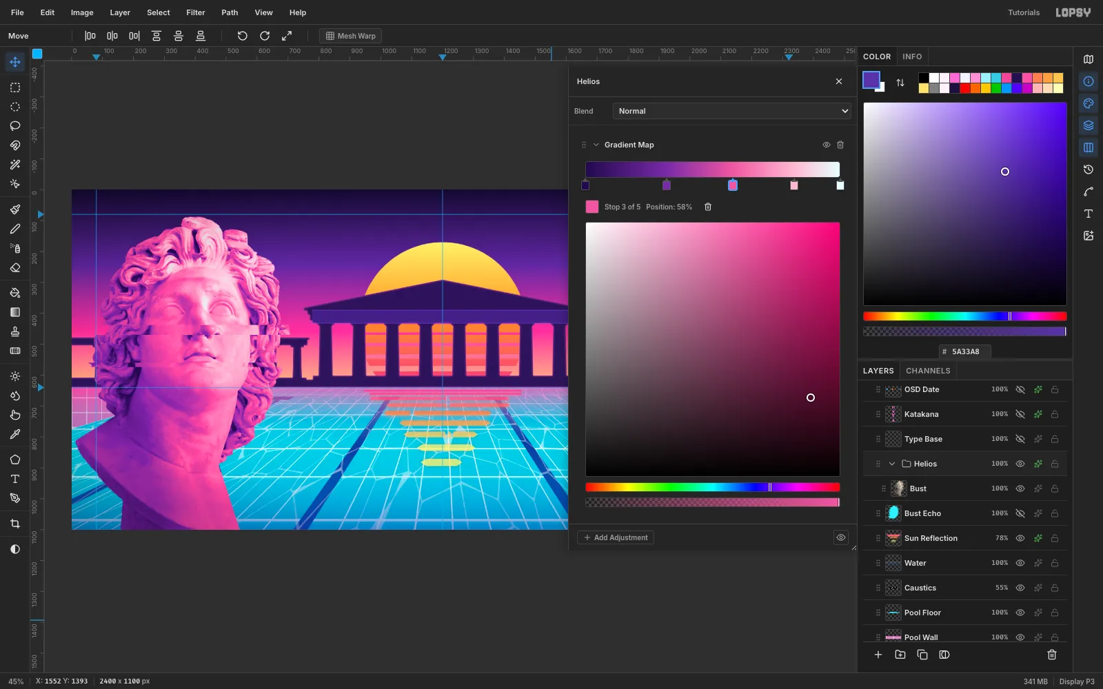 The Helios group's adjustments drawer showing a Gradient Map with five stops from deep indigo through purple and pink to pale cyan, and the bust recoloured pink and violet