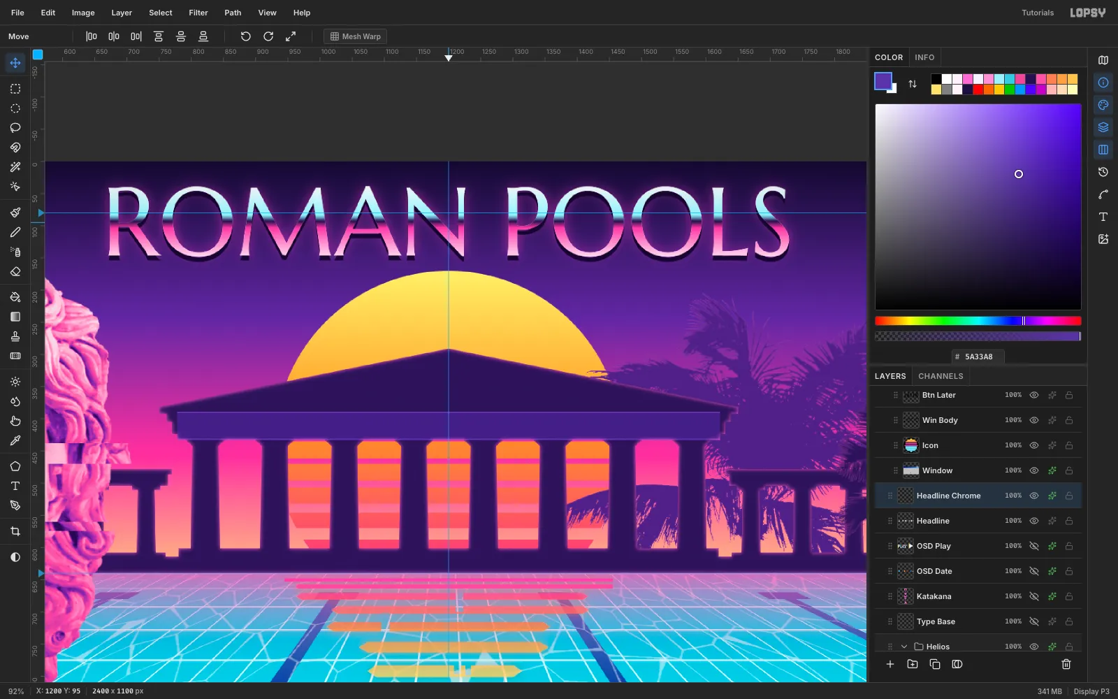 ROMAN POOLS in Marcellus SC capitals with a chrome gradient from white to cyan, a hard indigo horizon line, then hot pink to blush, with a hard drop shadow and pink glow