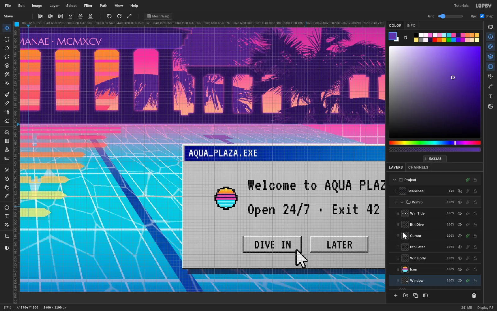 A close-up of a grey Windows 95 style AQUA_PLAZA.EXE dialog with a navy title bar, minimise, maximise and close buttons, two lines of pixel text and DIVE IN and LATER buttons, with the 8 pixel grid showing