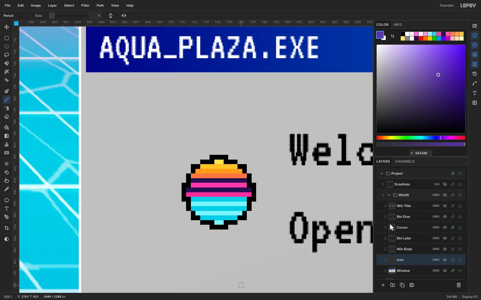 A zoomed-in view of a 16 by 16 pixel-art sunset icon with yellow, orange and pink bands over cyan water inside a black outline, drawn with the Pencil tool