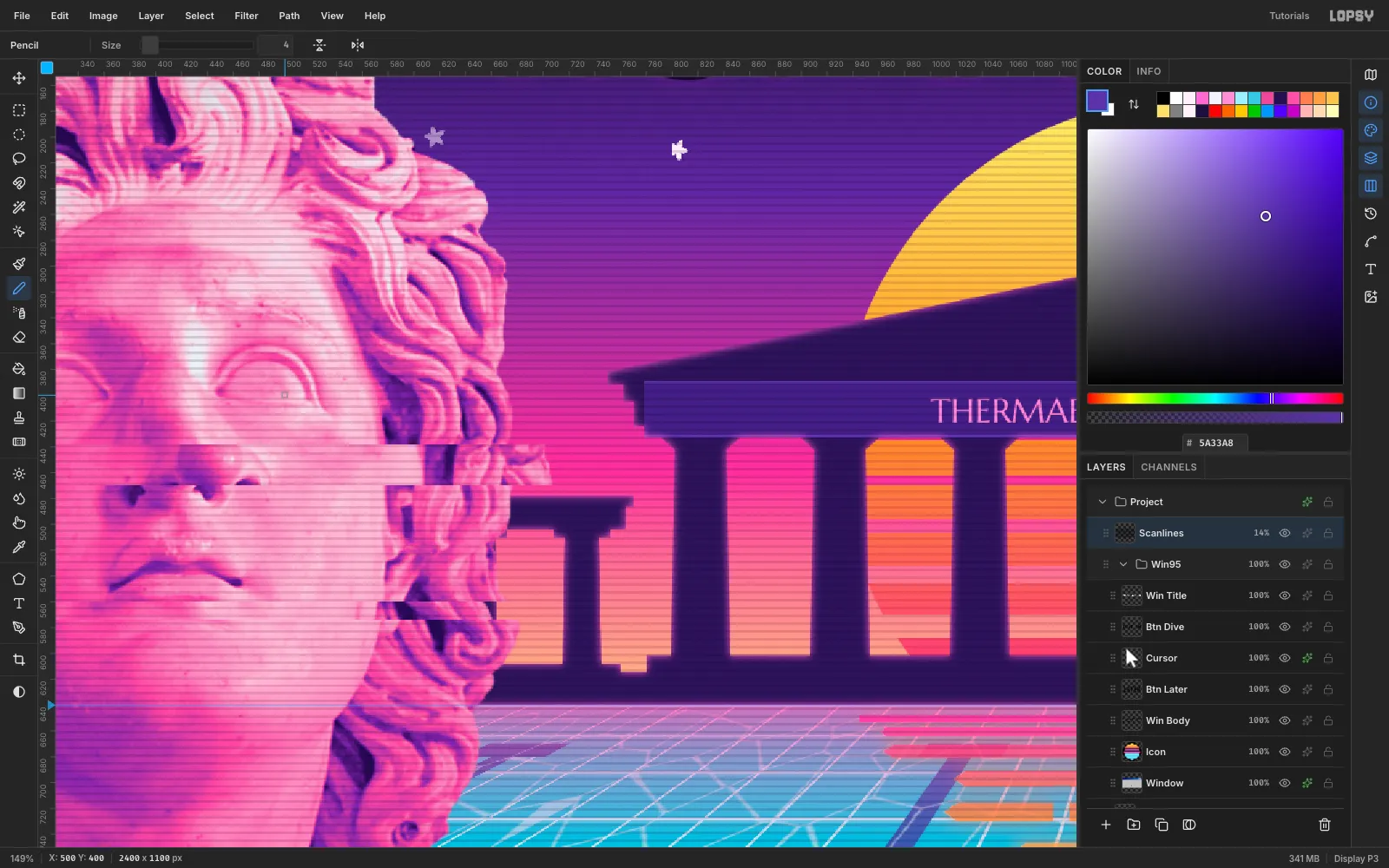 A zoomed view of the bust and temple with fine dark horizontal scanlines across the whole image and small white sparkle stars in the sky